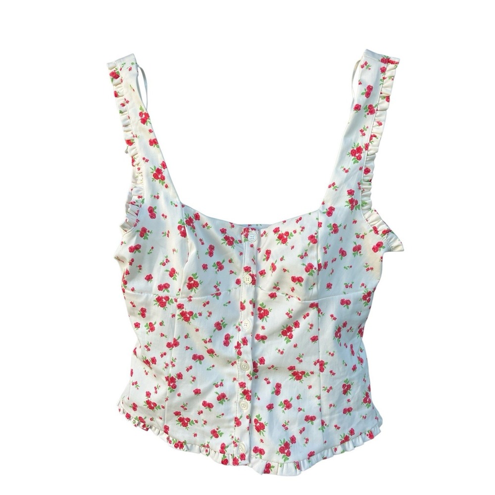 Zara Floral Corset Bustier Top Red Rose Ruffle Cottage Coquette Fairy Size M